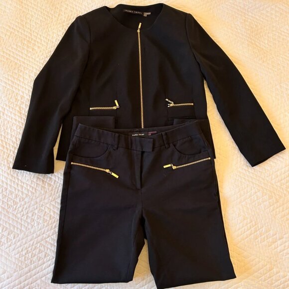 Ivanka Trump Black Suit Set: Zip-Front Jacket (8) Slim Pants (6) - Gold Detail - Picture 2 of 9